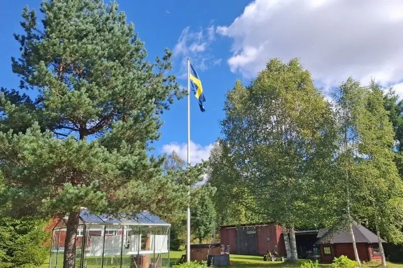 Schwedische Flagge zwischen Kiefern und einem roten Haus