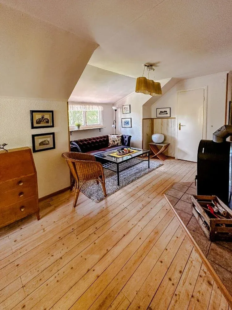 Wohnzimmer mit Holzboden und Sofa
