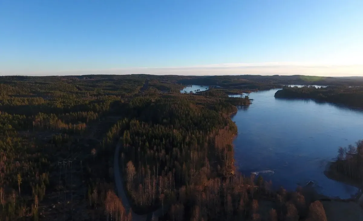Luftaufnahme eines Sees mit endlosen Wäldern in Värmland