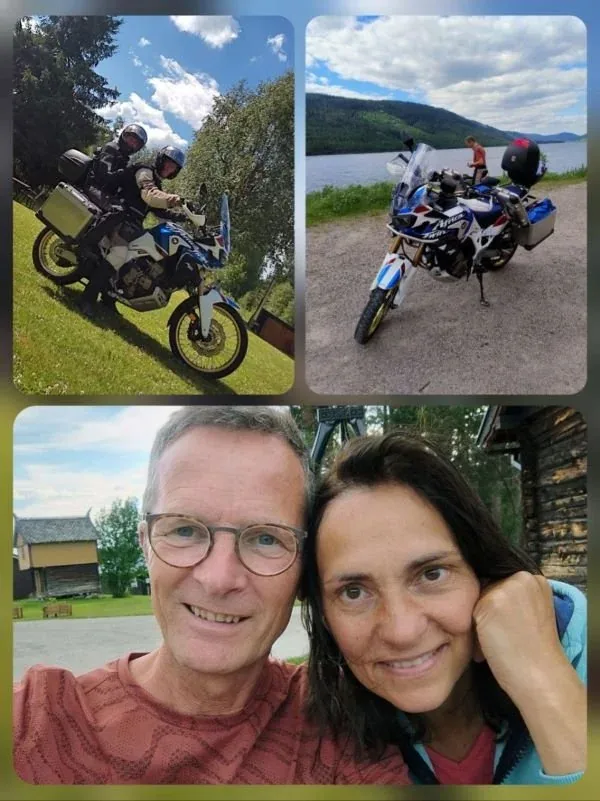 Rainer und Nicole auf Motorradtour, dazu zwei Selfies