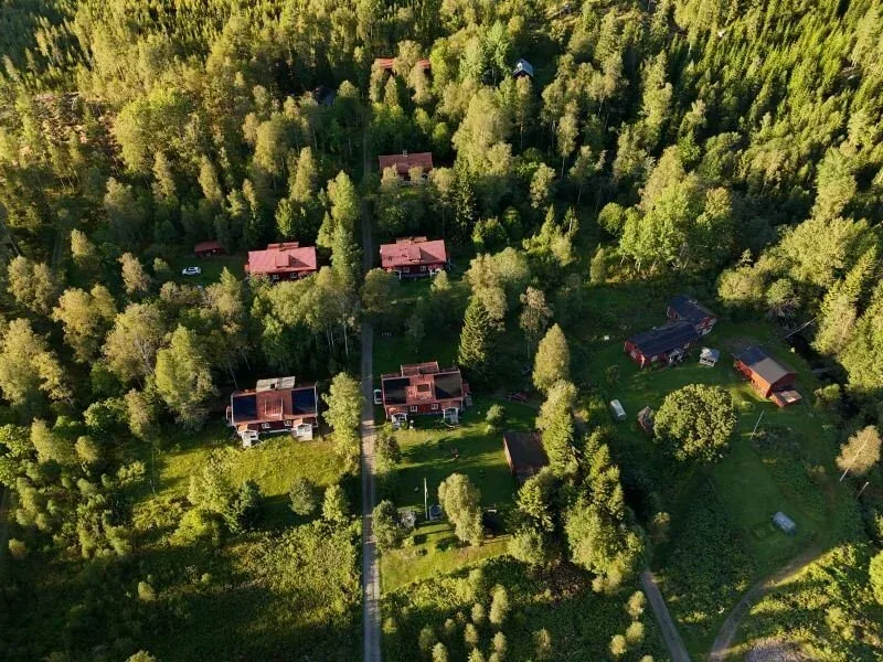 Luftaufnahme: rote Häuser mitten im Wald