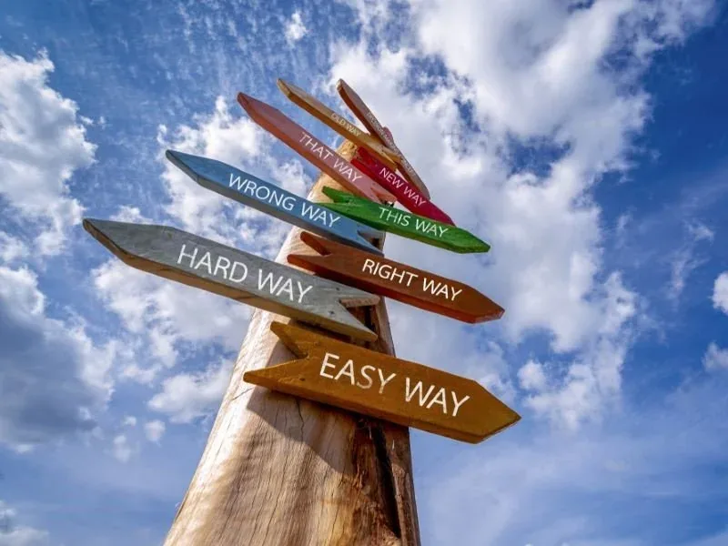 Wegweiser mit Schildern „Hard way“ und „Easy way“