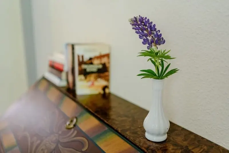 Kommode mit Blumenvase und Buch